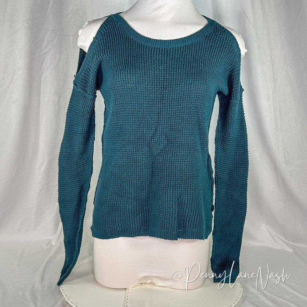 Hollister Cold Shoulder Waffle Knit Sweater Teal - Picture 1 of 6